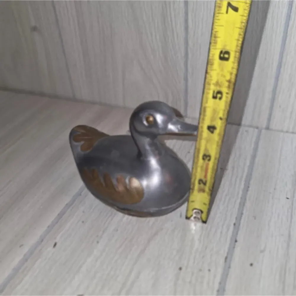 Vtg 1960s Pewter & Brass Duck Trinket Dish Bird Figurine Silver & Gold Jewlery